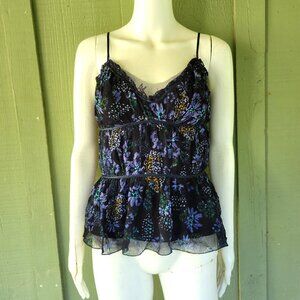New WD-NY Black Navy Floral Pleated Silk Top Small S